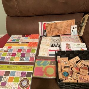 Variety of craft items. Card stock,33 stamps (used) stickers, letter punch outs